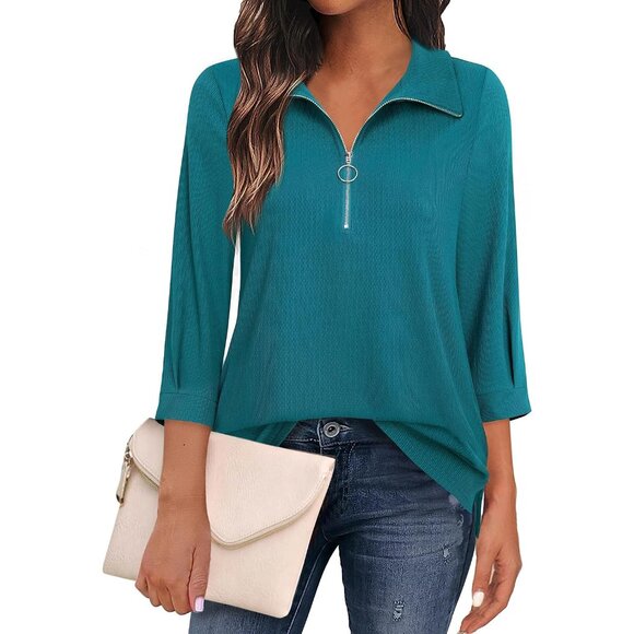 Womens Casual V Neck Top PolySpandex 3/4 Sleeve Business Blouse - Picture 2 of 5